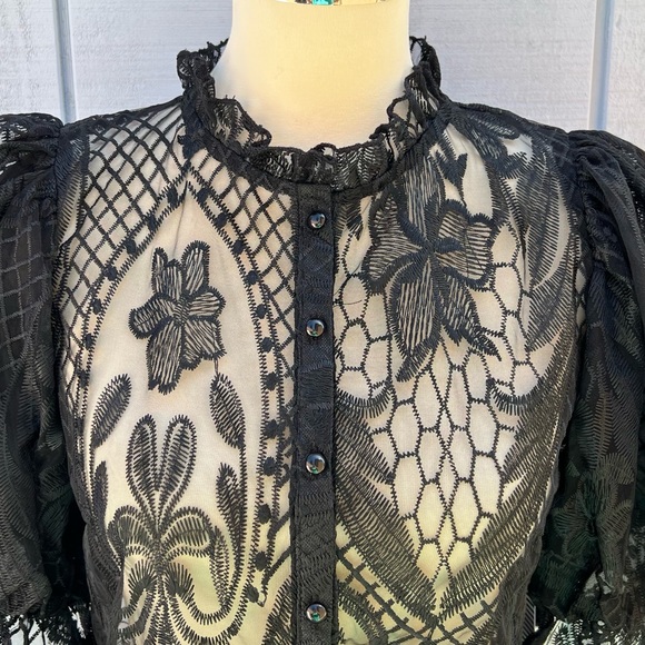 Story On Lace Sheer Balloon Sleeve Blouse Top Short Sleeve Black - Picture 4 of 12
